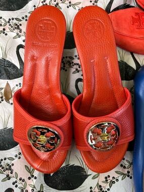 Tory Burch Orange Leather Slide Mules with Gold Logo Medallions